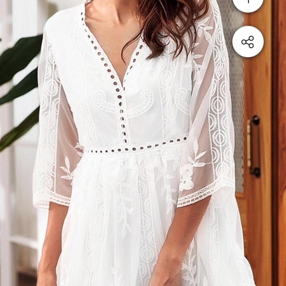 NWT White Lace Embroidery V-Neck Mini Dress- S